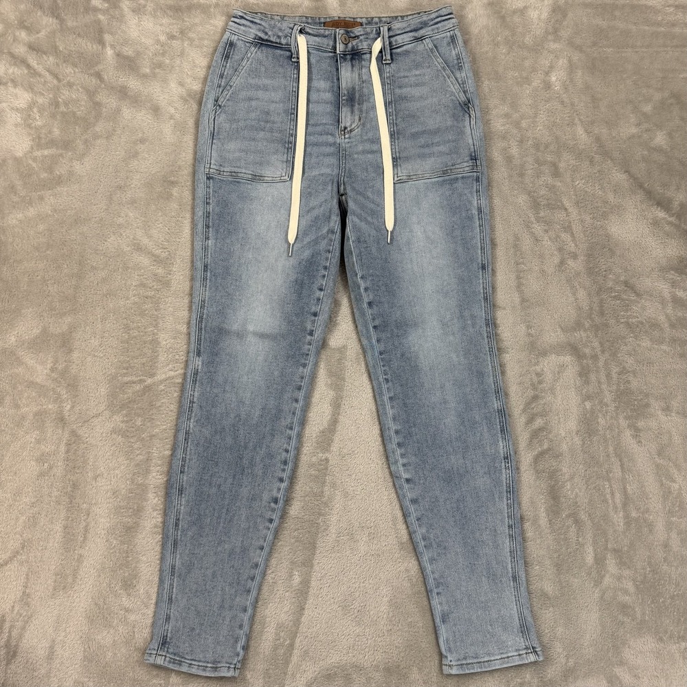 Judy Blue Jeans Womens 9/29 Jogger Double Cuffed Drawstring High Rise Blue Denim